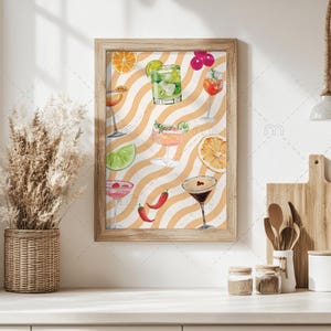 Bunter Cocktail Kunstdruck - Lebendige Aquarell Drink Illustration - Küchen Wanddekoration - Wellenlinie Cocktail Print
