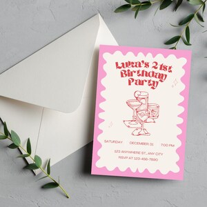 Editable 21st Birthday Party Invitation – Retro Pink Cocktail Invite Template | Instant Download | Canva Editable