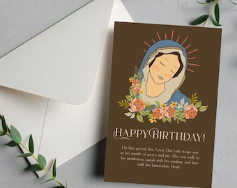 Conjunto de cartões católicos marianos de aniversário | Papelaria com imagens de Maria desenhadas à mão | Download instantâneo para aniversário