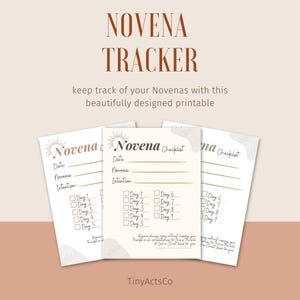 Può includere: Tre liste di controllo stampabili Novena Tracker con sfondo beige. Le liste di controllo hanno un design a forma di raggio di sole e includono sezioni per data, intenzione e caselle di controllo per ogni giorno. Il testo "NOVENA TRACKER" è in alto.