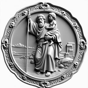 Puede incluir: Una escultura en relieve en escala de grises de un hombre que lleva a un niño, enmarcada en un marco circular decorativo. El hombre, con barba y bastón, viste túnicas drapeadas. El niño es sostenido en sus brazos. El fondo representa un paisaje con edificios y agua.