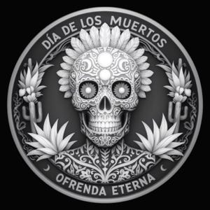 May include: A grayscale Día de los Muertos design featuring a detailed skull with floral eye sockets, adorned with feathers and intricate patterns. The words "Día de los Muertos" and "Ofrenda Eterna" are inscribed around the skull.
