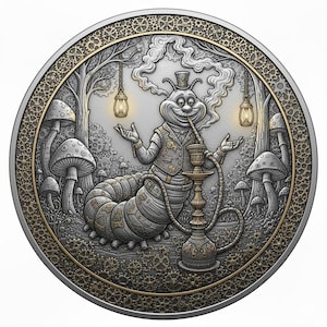 May include: A circular silver and gold-toned coin featuring a relief of a caterpillar wearing a top hat and vest, smoking from a hookah. The scene includes mushrooms, trees, and hanging lanterns, all framed by a border of intricate interlocking gears.