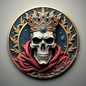 May include: An ornate image of a skull adorned with a gold crown featuring turquoise gems, set against a dark blue backdrop with gold detailing. The skull is draped in a red cloak, creating a gothic and regal design.