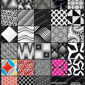 May include: A collection of thirty square digital pattern tiles featuring geometric designs in black, white, red, pink, and blue. The grid includes various motifs such as stars, circles, hexagons, lines, and dots, with text reading EtchSparkDesigns.