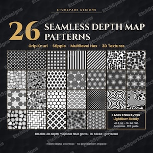 May include: A digital collection of 26 seamless depth map patterns featuring grayscale textures like grip knurl, stipple, and multilevel hex. The graphic includes the text Etchspark Designs, Laser Engraving LightBurn Ready, and 4K 8-bit + 16-bit PNG.