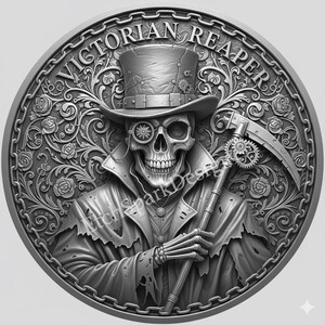 Pode incluir: Imagem detalhada em tons de cinza de um medalhão redondo com uma caveira em cartola e casaco, segurando uma foice. O texto "VICTORIAN REAPER" está arqueado acima da caveira. O fundo é preenchido com desenhos florais e de rolagem.