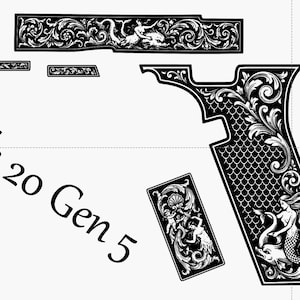 Puede incluir: Piezas decorativas de pistola en blanco y negro con diseños florales y de sirenas ornamentados. El texto "Glock 20 Gen 5" es visible. Incluye empuñadura, corredera y otros componentes.