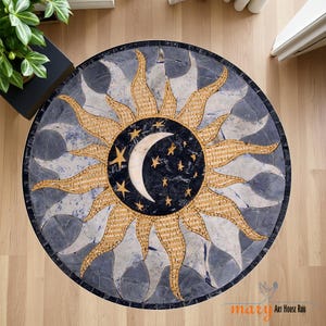 Celestial Sun and Moon Rug, Round Boho Carpet with Stars, Mystical Sunburst Area Rug, Cosmic Decor for Living Room or Meditation Space