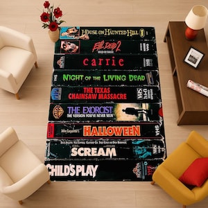 Tapis de film d&#39;horreur rétro, tapis de style cassette VHS, décoration de film d&#39;horreur des années 80 et 90, cadeau nostalgique d&#39;Halloween pour les amateurs de cinéma
