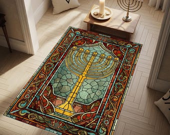 Personalized Menorah Prayer Rug, Jewish Gift, Luxury Jewish Prayer Rug, Menorah Design, Stained Glass, Decorative, Judaica Home Decor Gift