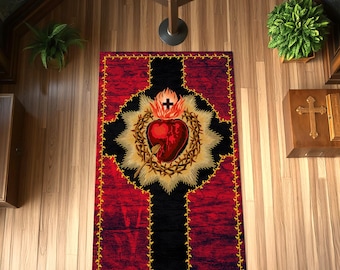 Sacred Heart Prayer Rug: Catholic Cross & Flame Design