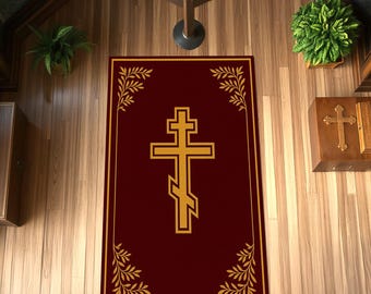 Syntagmischer christlicher Gebetsteppich, bordeaux-farbenes und goldenes Kreuz-Design, religiöse Wohnkultur Matte, byzantinischer Anbetungsteppich