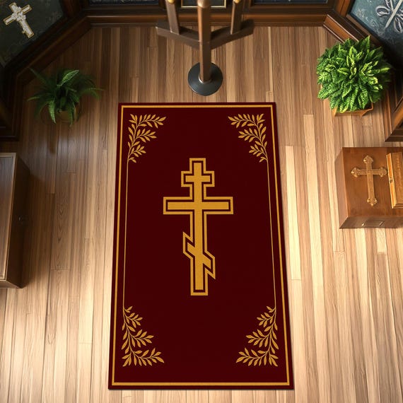 Orthodox Christian Prayer Rug, Burgundy and Gold Cross Design, Religious Home Decor Mat, Byzantine Style Worship Carpet