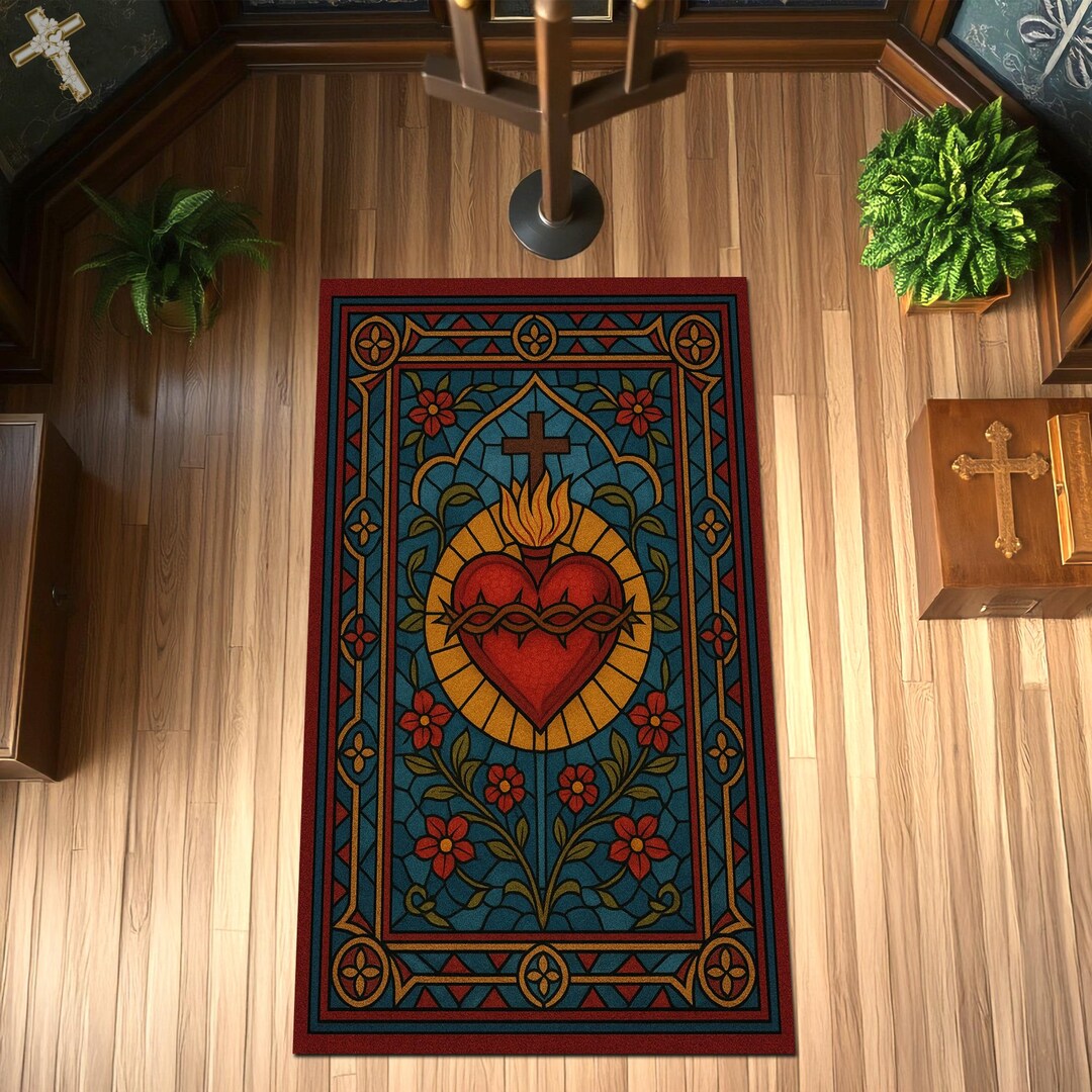 Scared Heart Rug Sacred Heart Prayer Rug: Stained Glass Christian Decor - Etsy