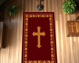 Christian Prayer Rug, Sacred Cross and Vine Leaf Printed Design