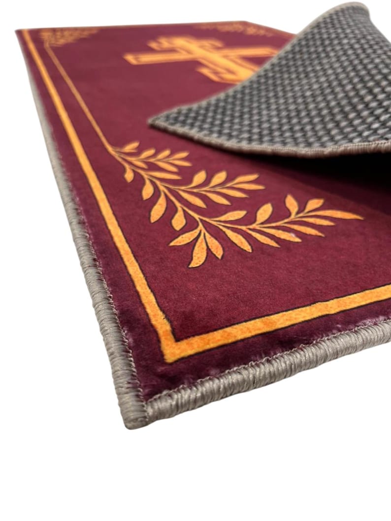 Orthodox Christian Prayer Rug, Burgundy and Gold Cross Design, Religious Home Decor Mat, Byzantine Style Worship Carpet image 5