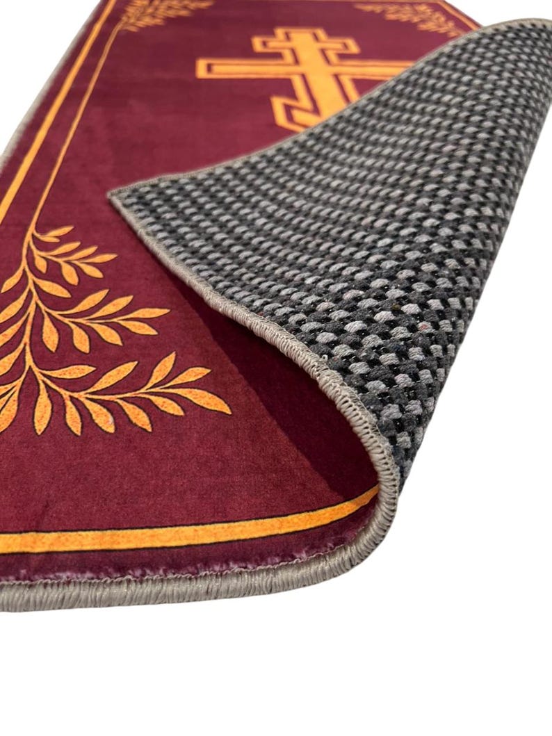 Orthodox Christian Prayer Rug, Burgundy and Gold Cross Design, Religious Home Decor Mat, Byzantine Style Worship Carpet image 3