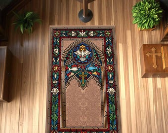 Stained Glass Sacred Heart Prayer Rug: Christian Devotional Mat