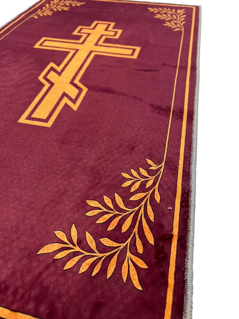 Orthodox Christian Prayer Rug, Burgundy and Gold Cross Design, Religious Home Decor Mat, Byzantine Style Worship Carpet image 7