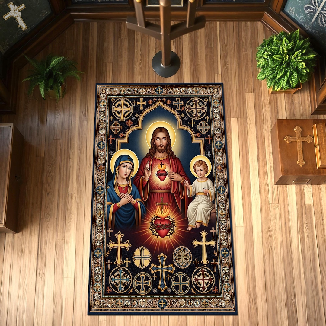 Christian Prayer Rug, Virgin Mary & Jesus Sacred Heart Stained Glass ...