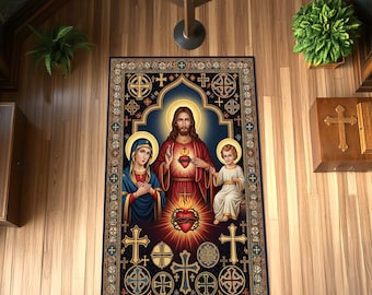 Christian Prayer Rug, Virgin Mary & Jesus Sacred Heart Stained Glass Design