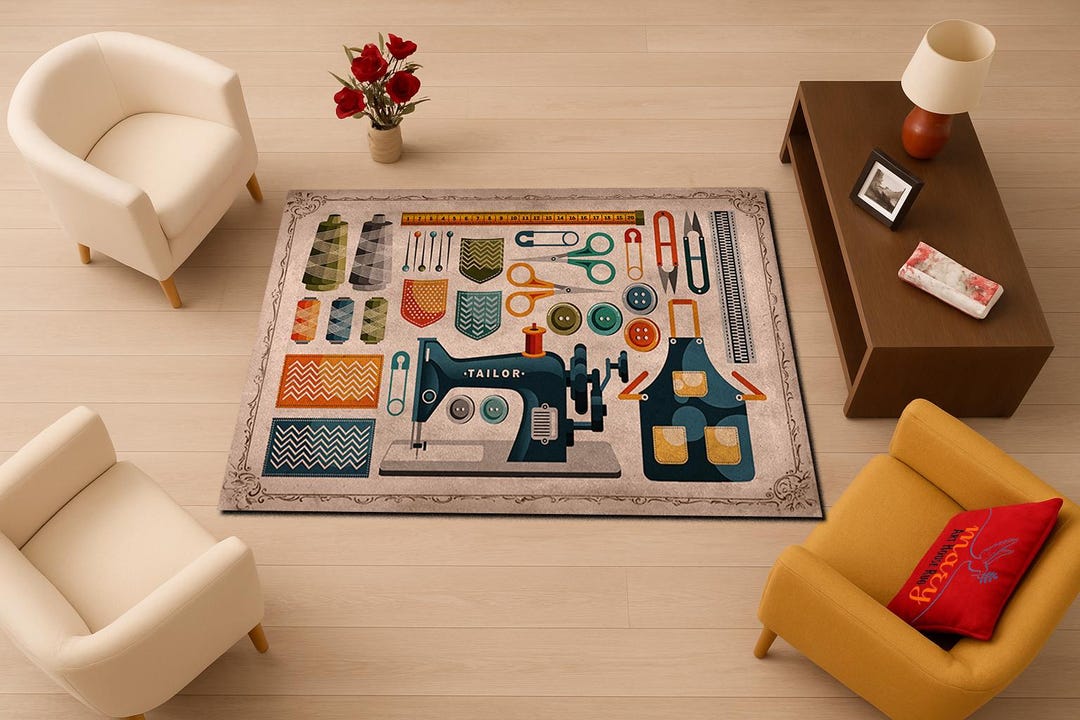Sewing Machine Rug Pattern Vintage Sewing Machine Rug: Craft Room Decor, Tailor Scissors Pattern ...