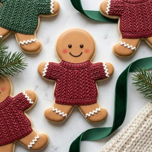 May include: Gingerbread biscuits in the shape of gingerbread people, decorated with red and green jumpers. The biscuits have white icing accents and a smiling face. A green ribbon and sprigs of greenery are also in the image.