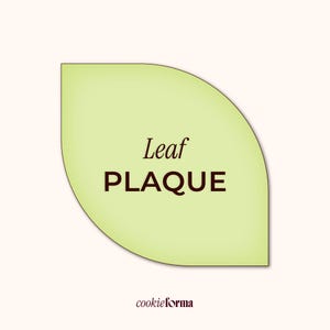 Puede incluir: Una placa en forma de hoja verde claro con las palabras "Leaf PLAQUE" en marrón oscuro. La placa tiene un efecto degradado y el fondo es de color beige claro.