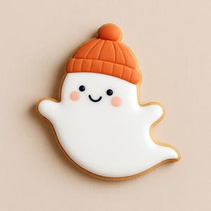 Könnte beinhalten: Ein Halloween-Keks in Form eines freundlichen Geistes, der eine orangefarbene Strickmütze trägt. Der Geist hat einen weißen Körper, schwarze Augen, ein gebogenes schwarzes Lächeln und rosige Wangen. Der Keks ist goldbraun umrandet und vor einem neutralen Hintergrund platziert.
