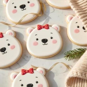 Puede incluir: Varias galletas con forma de oso polar con glaseado blanco, narices negras y mejillas rosas. Algunas galletas tienen lazos rojos. Las galletas están decoradas con cinta dorada y están sobre una superficie blanca. También se ve un suéter beige y una rama de pino.