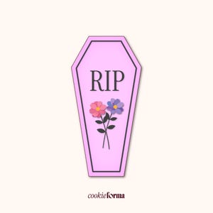 Może przedstawiać: Różowy wzór w kształcie trumny z czarnymi literami "RIP". Poniżej tekstu znajdują się dwa kwiaty, jeden różowy i jeden fioletowy, z czarnymi łodygami i liśćmi. Wzór jest na jasnym tle.