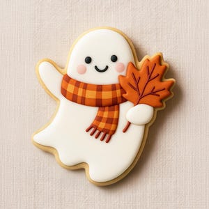 Puede incluir: Una galleta con forma de fantasma con base blanca, decorada con una cara sonriente, mejillas rosadas y una bufanda a cuadros naranja y marrón. El fantasma sostiene una hoja de arce naranja. La galleta tiene un borde marrón claro.