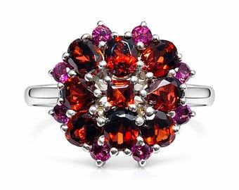 Rhodolite Garnet Cluster Ring: Vintage Sterling Silver Engagement Jewelry