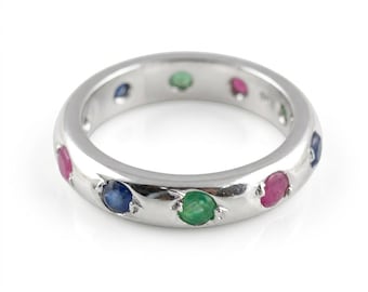 Emerald Sapphire Ruby Eternity Ring: Sterling Silver Handmade Jewelry