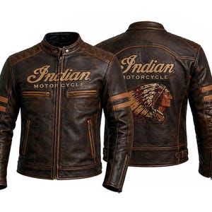 May include: Brown leather motorcycle jacket with the "Indian MOTORCYCLE" logo on the front and back. The back features an embroidered Native American chief. The jacket has a zip-up front, two front pockets, and brown stripes on the sleeves.