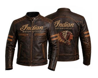 Giacca da moto Indian / Pelle invecchiata con loghi ricamati / Protezioni CE