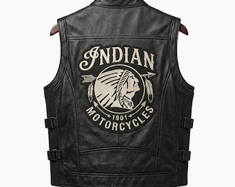Indian Motorcycles Riding Vest | Motorbike Racing Genuine Leather Biker Vest | Embroidered Logos