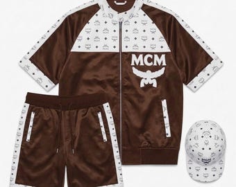 MCM Monogram Tracksuit Genuine White Leather Brown Satin Fabric MCM Retro Hip-Hop Streetwear Tracksuit