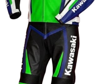 Custom Kawasaki Ninja Two-Piece Leather Motorcycle Racing Suit CE Armor