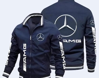 Chaqueta azul con cremallera Mercedes-Benz AMG / Estilo de competición de lujo / Abrigo clásico de calle