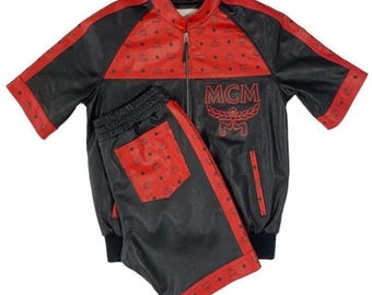 MCM Monogram Summer Tracksuit Set: Retro Hip-Hop Streetwear Genuine Leather Jacket and Shorts