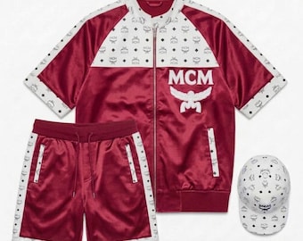 MCM Retro Hip-Hop Tracksuit Set | Leather & Satin Jacket, Shorts, Cap