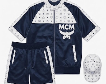 MCM Summer Tracksuit Genuine White Leather Blue Satin Fabric MCM Monogram Track Suit Streetwear Shorts & Cap Set