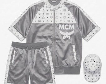 MCM Monogram Tracksuit White Leather Silver Grey Satin Fabric MCM Retro Hip-Hop Streetwear Track suit