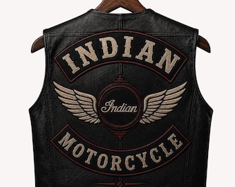 Gilet da motociclista Indian / Giacca da moto senza maniche in vera pelle / Loghi ricamati