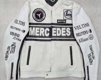 Handmade Mercedes F1 Racing Leather Jacket | Mercedes White Leather Embroidered Jacket
