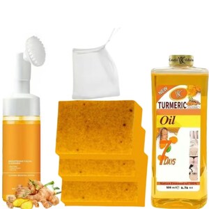May include: A skincare set featuring a bottle of turmeric oil, a facial cleanser, three turmeric soap bars, and a white cloth. The turmeric oil bottle is labeled "7 DAYS" and "TURMERIC Oil". The cleanser bottle has a brush head.