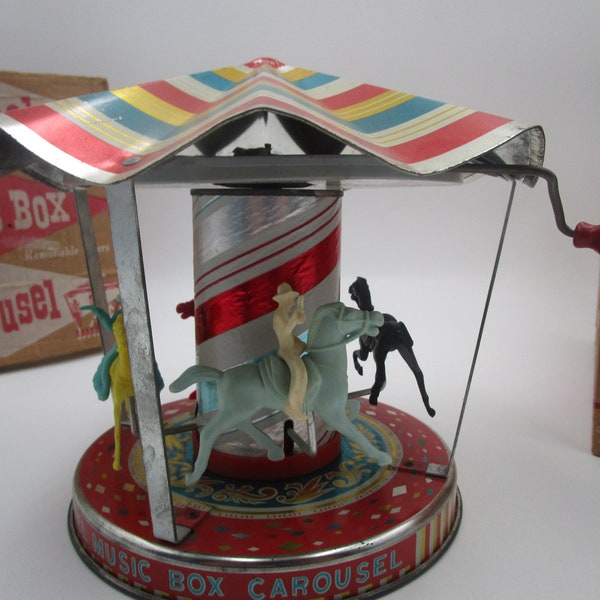 Vintage Mattel Music Box Carousel Merry Go Round Metal Childs Toy For Display