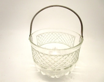Vintage Diamond Cut Crystal Ice Bucket with Hammered Metal Handle